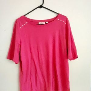 Quacker Factory Women's Top Pink XL, Elbow Sleeve Cotton Top